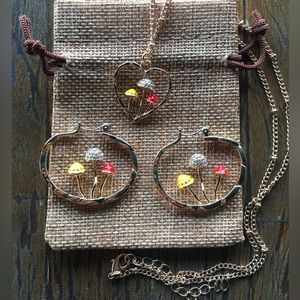 Brand New Gold Mushroom Necklace and Mushroom Hoop Earrings Gift for Girfriend